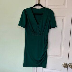 Emerald Green Bodycon Midi Dress | Faux Wrap V-Neck | Ruched Side | Short Sleeve